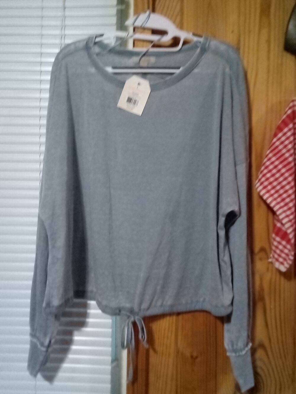 NWT Wonderly L Cotton Acid Wash Gray Drawstring At Waist Top Nostalgic Journey